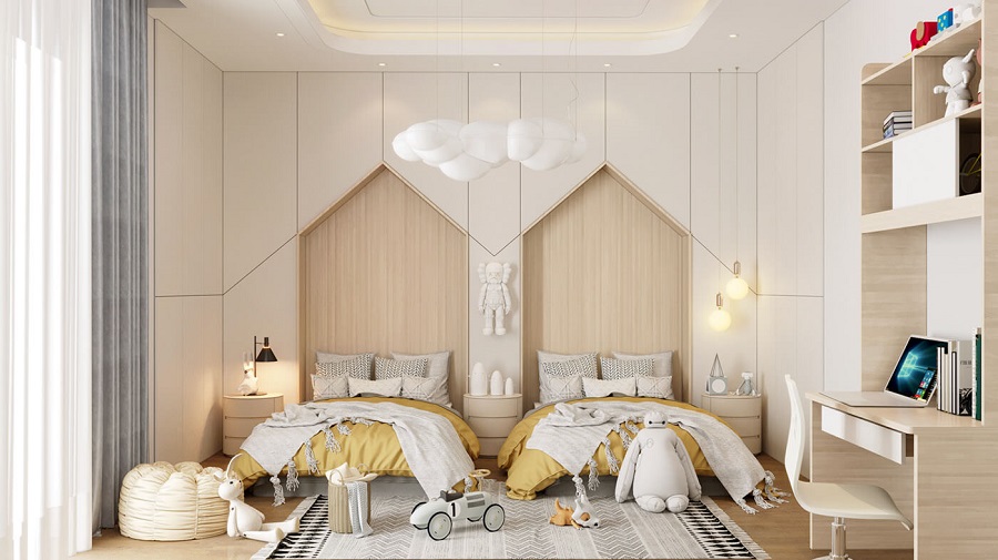 Một ý tưởng thiết kế phòng ngủ cho 2 bé trai trong độ tuổi còn nhỏ với kết cấu giường mô hình ngôi nhà cùng những họa tiết trang trí bắt mắt trên nền tông màu tươi sáng giúp không gian luôn rộng rãi, thoáng đãng