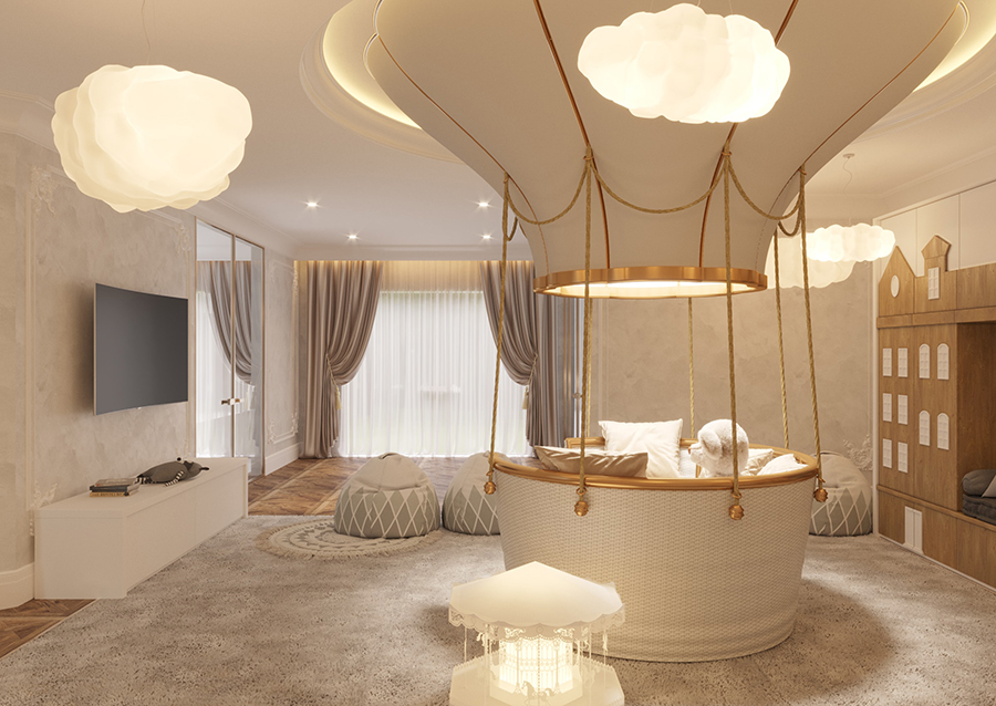 Phòng ngủ dành được trang bị hệ thống đèn trần giả mây, tường và trần sử dụng tông màu sáng kết hợp với chiếc giường hình khinh khí cầu - điểm nhấn đầy thú vị mang đến sự kích thích mạnh mẽ cho trí tưởng tượng của bé