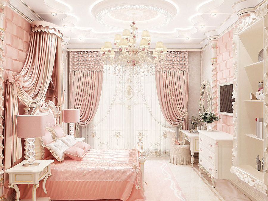 Mẫu phòng ngủ bé gái chọn tông màu hồng pastel làm chủ đạo từ rèm, ga, giường, gối, vách kết hợp với hệ thống tủ, bàn, trần màu trắng mang đến sự hài hòa, trang nhã chuẩn phong cách quý tộc vô cùng sang trọng, đẳng cấp