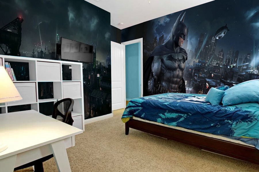 Phòng ngủ tận dụng tất cả các mảng tường vẽ hình nhân vật Batman đang bảo vệ thành phố trong đêm là một mẫu thiết kế không thể bỏ qua.