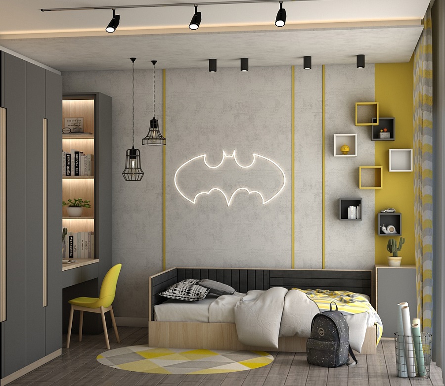 Batman luôn là một trong những nhân vật hoạt hình nhận được nhiều sự yêu thích của các bé. Bởi thế, các nhà thiết kế đã tạo một hình in nổi biểu tượng của nhân vật này lên bức tường cạnh giường ngủ của con. Hình in này có thể phát sáng được trong đêm nên ngoài mục đích trang trí ba mẹ cũng có thể sử dụng như một chiếc đèn ngủ với cường độ sáng nhỏ, giúp bé dễ dàng đi vào giấc ngủ hơn.