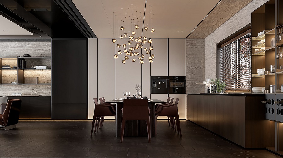 Mẫu thiết kế phòng bếp nhà phố 200m2 hiện đại được thiết kế với tone màu trung tính, sang trọng mà lịch sự