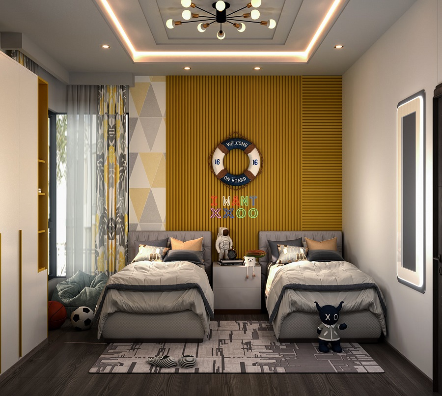 Thiết kế phòng ngủ cho bé trai 4 tuổi thường ưu tiên sử dụng các tone màu nam tính, mạnh mẽ như xám, xanh lam, vàng…
